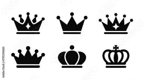 Discover regal elegance with a collection of six distinct black crown icons, perfect for elevating any design with a touch of royalty and authority.