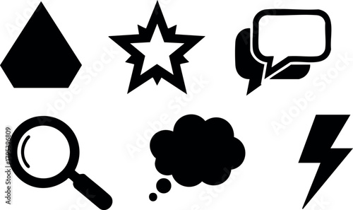 Set of six black vector icons with magnifying glass, speech bubble, lightning bolt, explosion, cloud, and triangle shapes for design use