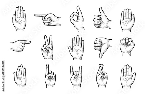 Hand gestures collection, flat vector illustration, simple and composed design