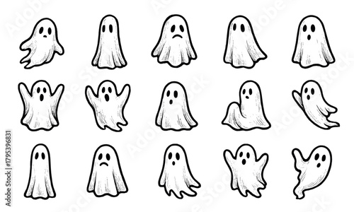 Ghost element set, flat vector illustration, simple composition with spooky figures