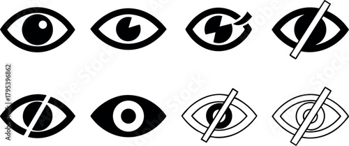 Eye icons set showing visibility and invisibility states in black and white vector design