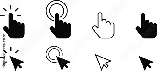Collection of various hand and arrow cursor icons with loading indicator for web and app, minimal design.