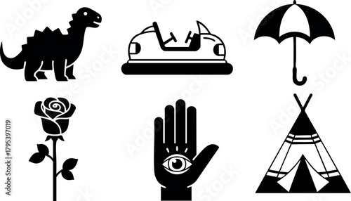 Dinosaur car umbrella rose hand eye teepee black silhouette vector set design icons collection