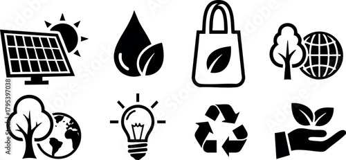 Solar panel leaf energy icon set with eco friendly symbols and environmental protection vector design