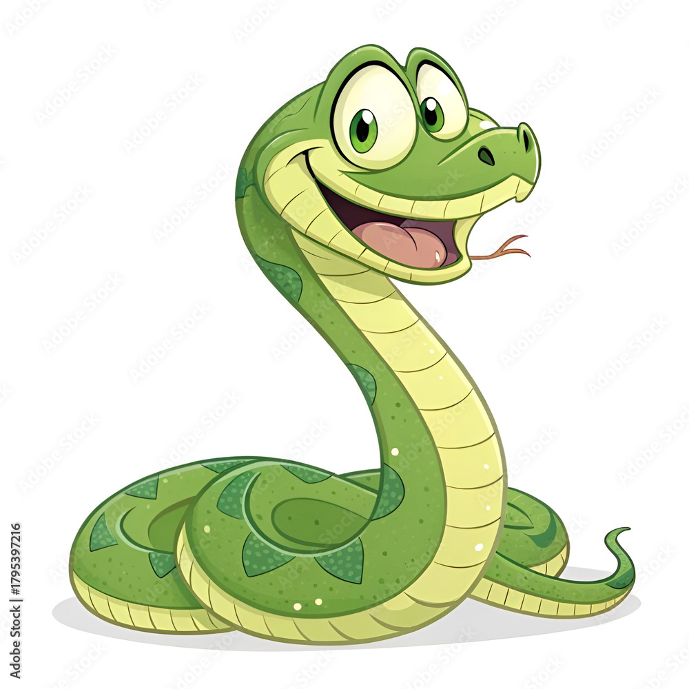 Fototapeta premium Green snake cartoon character isolated on white background