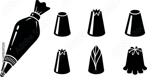 Piping bag and assorted cake decorating nozzles for baking and pastry art vector design
