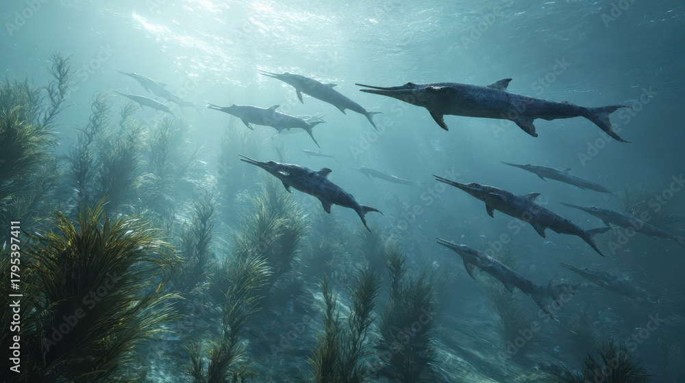 Obraz premium A Heroic Encounter: Ichthyosaurs Swimming Gracefully Over Jurassic Seaweed