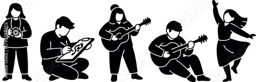 Music band playing guitars with singer and dancer silhouette vector illustration in black and white style