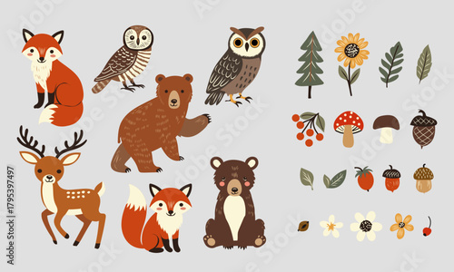 Cute woodland animals and forest elements set in a warm autumn palette. Includes foxes, bears, owls, deer, trees, mushrooms, acorns, berries, and leaves. Perfect for stickers, patterns, cards