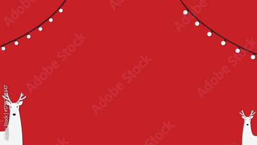A vivid red christmas background features two stylized white reindeer at the bottom corners. String of white lights curves across the top.