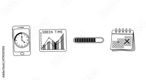 Screen time management illustrated with smartphone, charts, and calendar  Digital Detox & Digital Wellbeing icon set