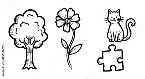 Line art of tree, flower, cat, and puzzle piece in black and white  Digital Detox & Digital Wellbeing icon set