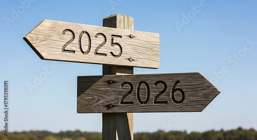 Wooden Signpost with Arrows for Years 2025 and 2026, Symbolizing Future Choices, Planning, and New Beginnings Against a Blue Sky