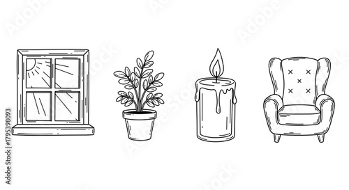 Hand-drawn elements of window, potted plant, candle, and armchair  Digital Detox & Digital Wellbeing icon set