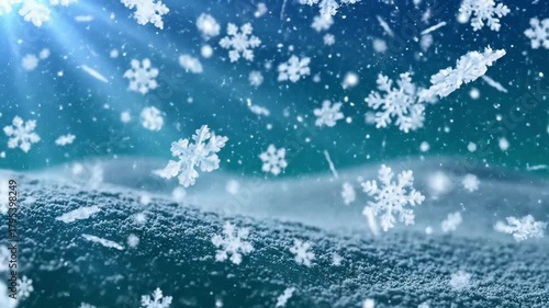 Snowflakes falling on a winter landscape with blue background - Concept of Christmas and New Year background  