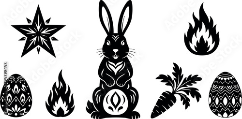Easter bunny with decorated eggs, flames, carrots, and star vector icons in black silhouette style