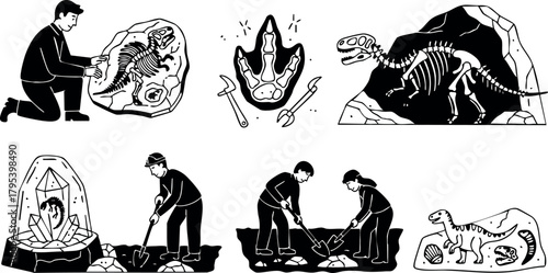 Archaeologist examining dinosaur fossils and prehistoric bones with excavation tools and study equipment vector illustration