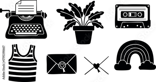 Vintage typewriter cassette tape striped tank top envelope plant rainbow heart clock vector icons set