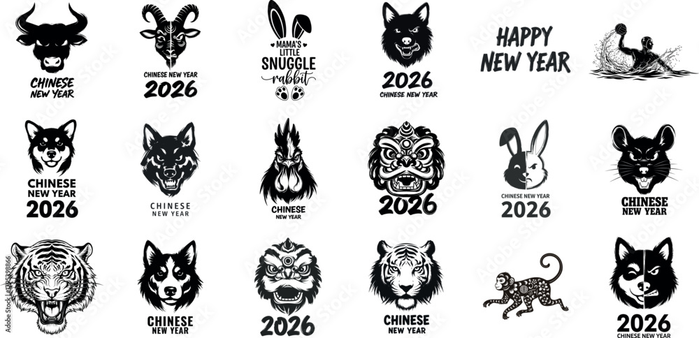 Naklejka premium Collection of zodiac animal heads and symbols for chinese new year celebrations
