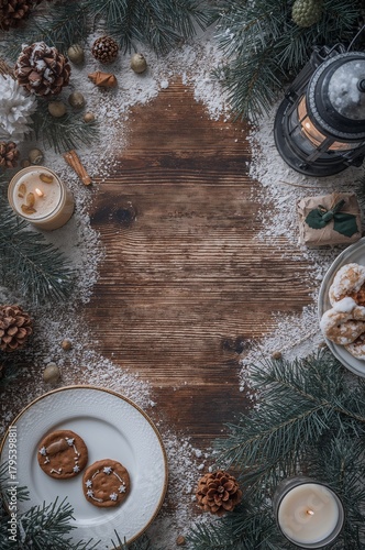 Rustic Winter Flatlay with Cookies, Candle and Snow on Wooden Background – Christmas Food & Cozy Holiday Scene