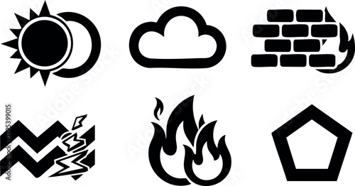 Weather and hazard icons including eclipse, cloud, firewall, lightning, fire, and pentagon shape vector set for design use