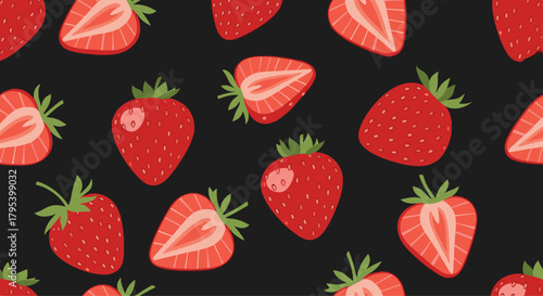 A vibrant and juicy strawberry pattern with fresh red fruits and green leaves on a dark background creating a visually appealing and delicious design.
