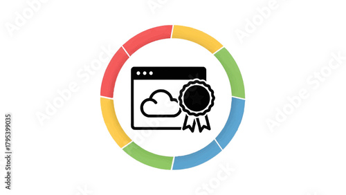 Vector illustration of web browser with cloud and award icon inside colorful ring on a transparent background