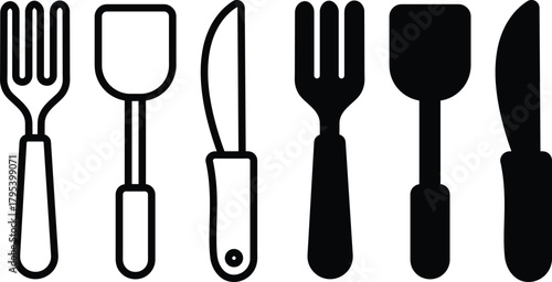 Kitchen Utensil Set Fork Spatula And Knife Outline Icons Vector Silhouette and Pictogram..eps