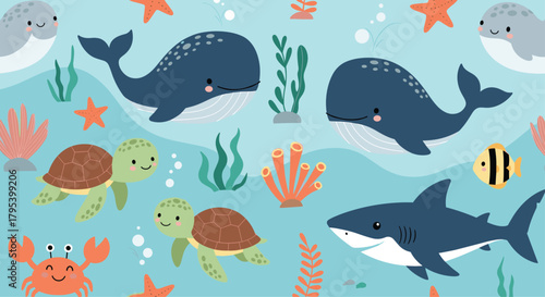 An adorable underwater scene showcasing two whales two cute sea turtles a friendly shark a happy crab a small fish and two seals surrounded by coral and starfish under the sea.