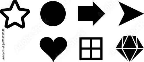 Simple black basic icon set with star heart circle arrow diamond and grid shapes in vector design
