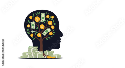 Visual representation of money growing like a tree inside a human head symbolizing financial growth and wealth accumulation through smart thinking and investment strategies.
