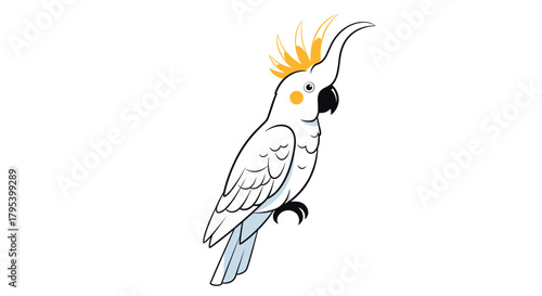 A detailed illustration of a beautiful white cockatoo parrot with a yellow crest standing on a perch and looking to the right.