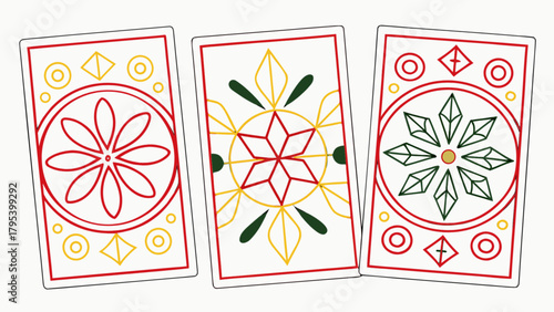 Three tarot cards illustration with floral and geometric patterns for fortune telling and divination practice