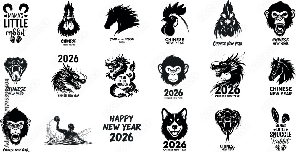 Naklejka premium Collection of 2026 chinese zodiac animals and symbols in a grungy hand drawn style