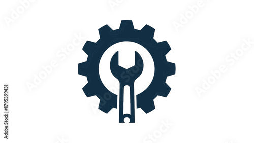 Vector illustration of dark blue wrench and gear icon on a transparent background