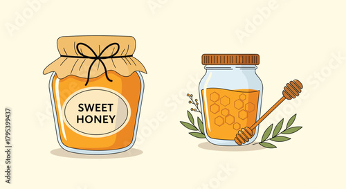 Two jars of sweet golden honey with a honey dipper and decorative branches on a light background.