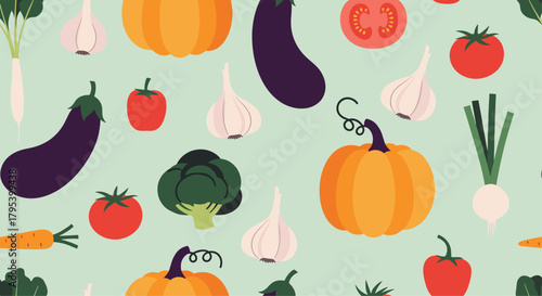 A vibrant collection of fresh colorful vegetables including pumpkins tomatoes eggplants garlic broccoli carrots and onions arranged in a delightful seamless pattern for healthy eating.