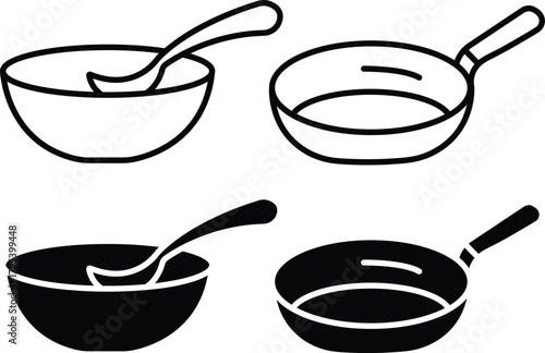 Kitchenware Set Bowl With Spoon And Frying Pan Icons Vector Silhouette and Pictogram..eps
