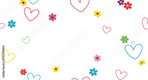 A delightful collection of colorful flowers and charming heart shapes scattered across a pure white background.