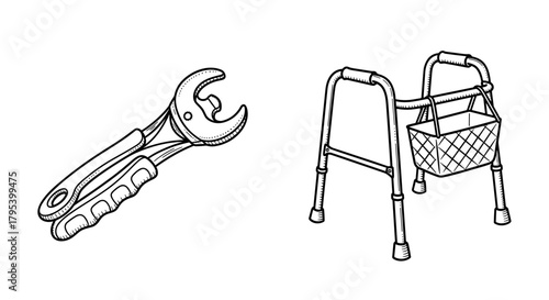 Wrench and walker in simple line art style on white background  Age-Tech & Smart Home for Seniors