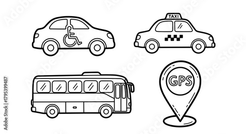 Vehicles including taxi, bus, and wheelchair accessible car icons  