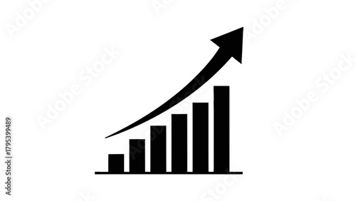Vector illustration of black bar graph with upward trending arrow indicating growth, on a transparent background