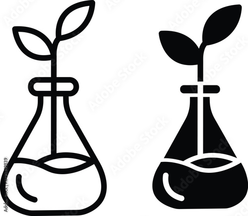 Plant Science Experiment Sprout in Laboratory Flask Outline and Solid Vector Silhouette and Pictogram..eps