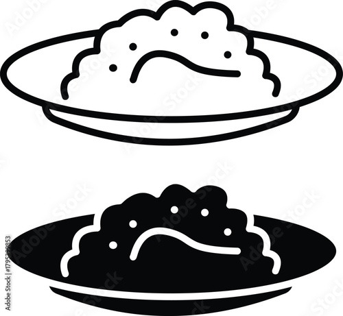 Plate of Rice or Cooked Grain Food Meal Dish Outline and Solid Vector Silhouette and Pictogram..eps