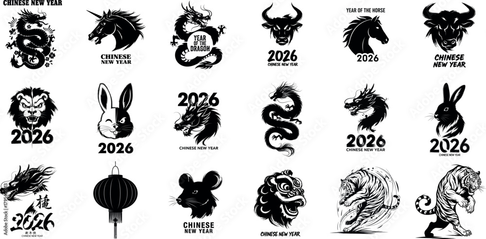 Fototapeta premium Collection of 2026 chinese zodiac animals and symbols in a grungy hand drawn style