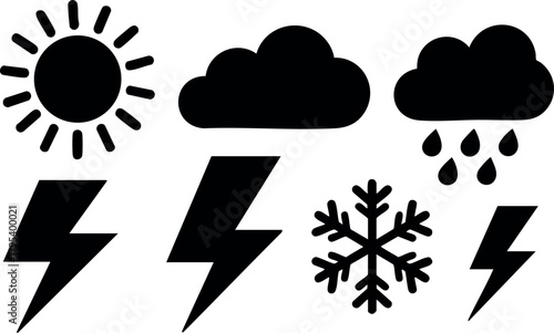 Weather icons set with sun cloud rain lightning and snowflake simple black vector symbols