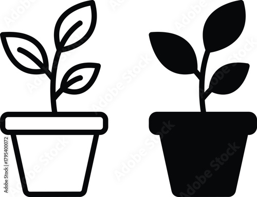 Small Potted Plant with Leaves and Stem Outline and Solid Vector Silhouette and Pictogram..eps