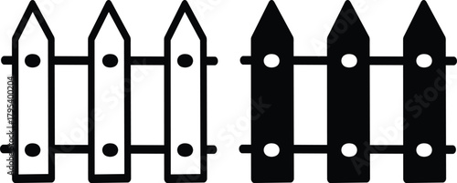 Wooden Picket Fence Boundary Barrier Section Outline and Solid Vector Silhouette and Pictogram..eps