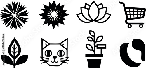 Simple black and white vector icons set including flower, lotus, shopping cart, leaf, cat face, plant pot, and abstract shapes for design use