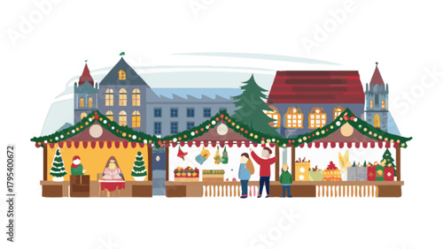 Christmas market vector illustration with stalls and people celebrating holidays in winter season town scene